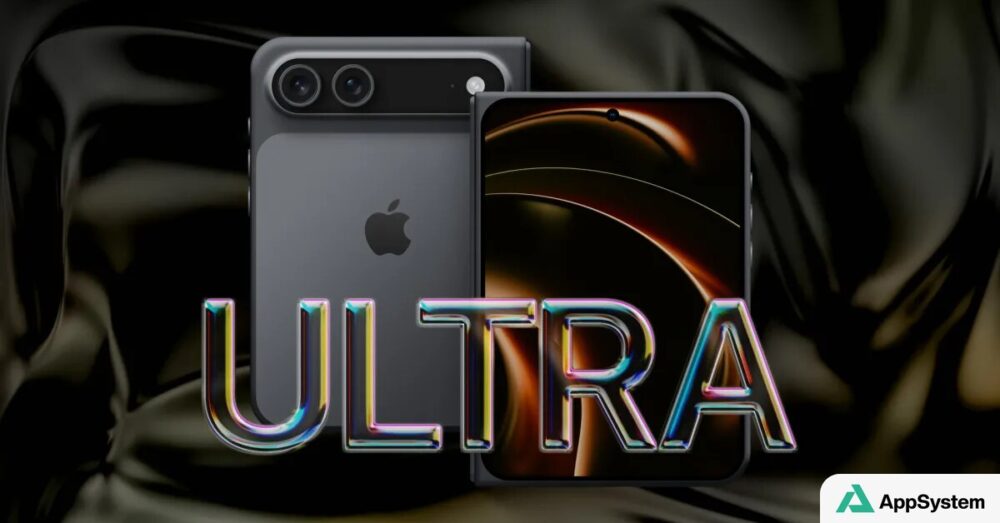 Rendu conceptuel d’un iPhone pliable affichant le mot Ultra