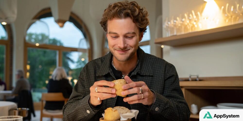 Un homme tient un petit pain dans un restaurant