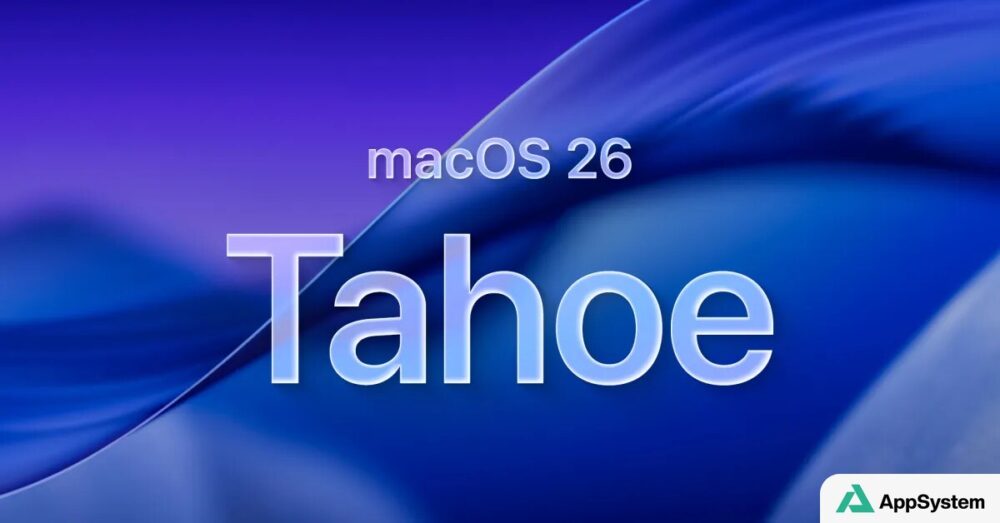Visuel de macOS 26 Tahoe sur un fond abstrait bleu