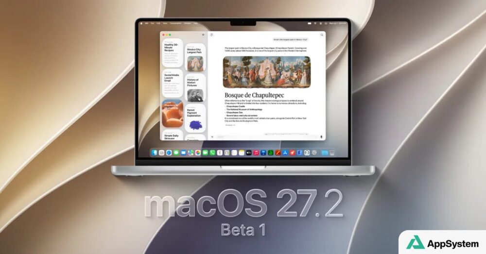 MacBook affichant macOS 27.2 bêta 1 sur fond abstrait