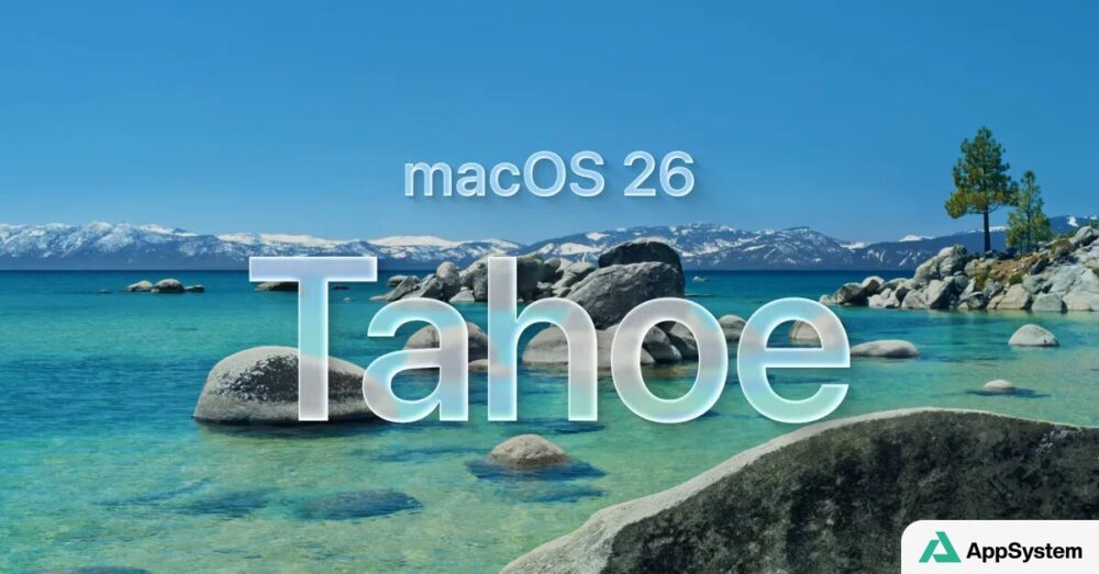 Illustration de macOS Tahoe 26 sur fond de lac et montagnes