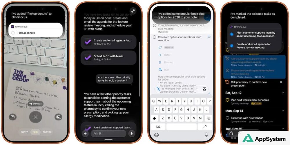 Quatre écrans d’iPhone montrent les fonctions Siri d’OmniFocus