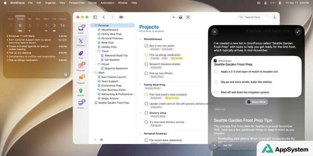 Interface OmniFocus affichant des tâches créées grâce à Siri