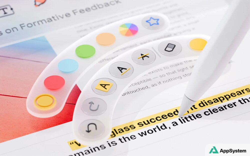 Apple Pencil annotant un document avec plusieurs outils de mise en forme