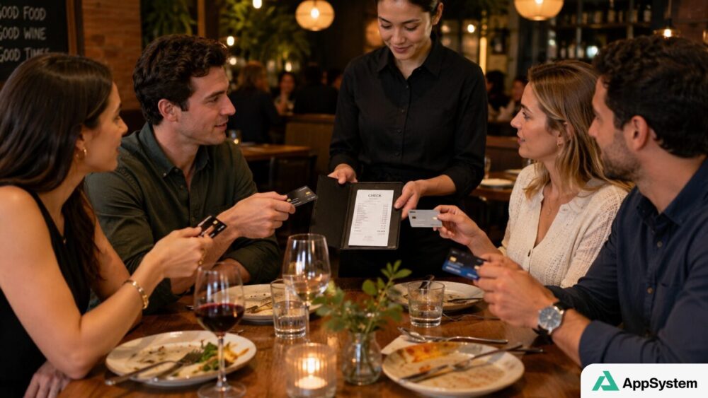 Amis partageant l’addition au restaurant avec plusieurs cartes bancaires