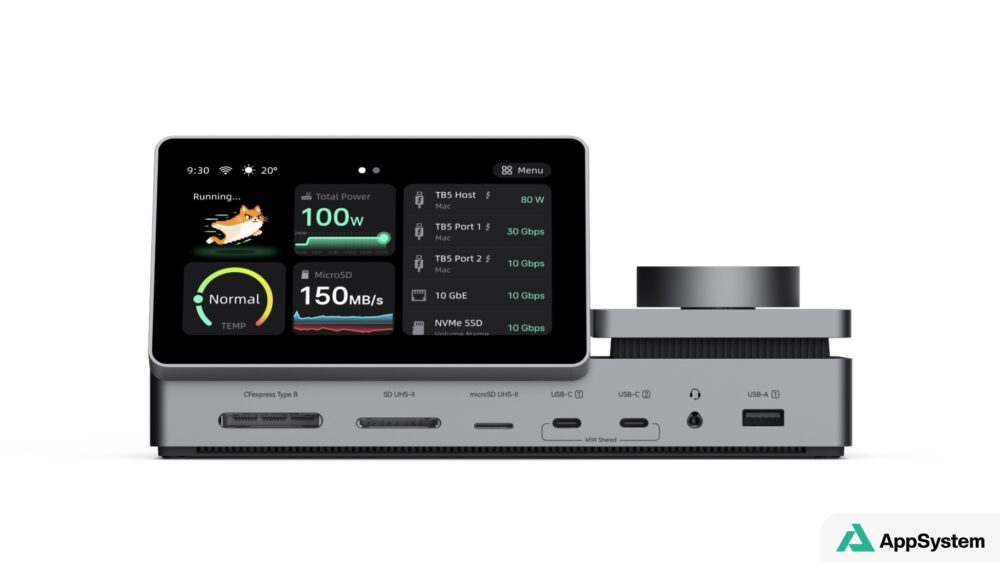 Station d’accueil Thunderbolt 5 Pexar et écran tactile affichant ses données