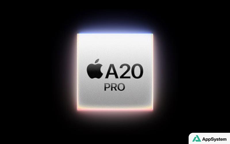 Puce Apple A20 Pro présentée sur fond noir lumineux