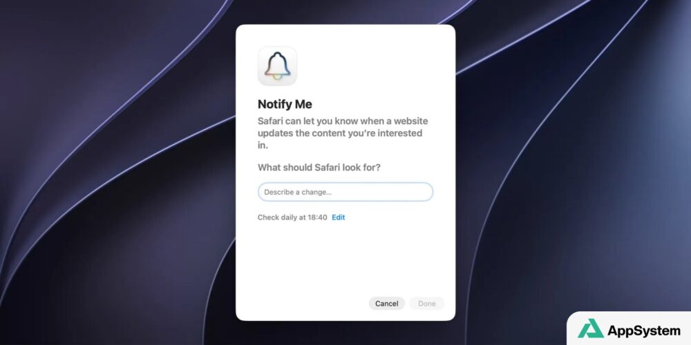 Fenêtre Safari Notify Me configurant une alerte de changement