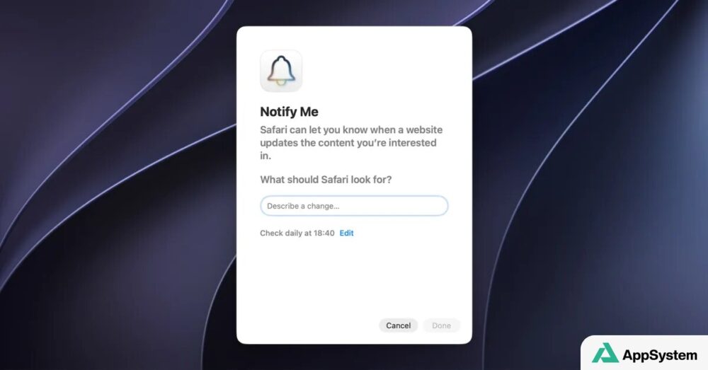 Fenêtre Safari Notify Me pour surveiller les mises à jour d’un site