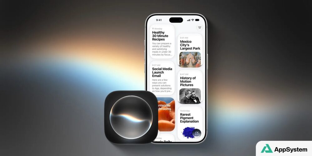 iPhone présentant Siri et plusieurs cartes de contenu générées