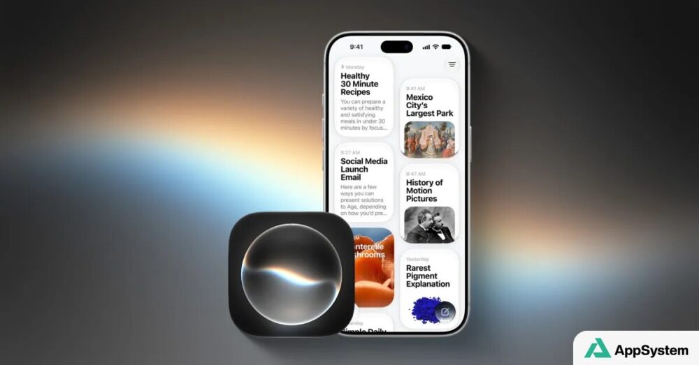 Rendu d’un iPhone affichant l’interface de Siri avec son halo lumineux