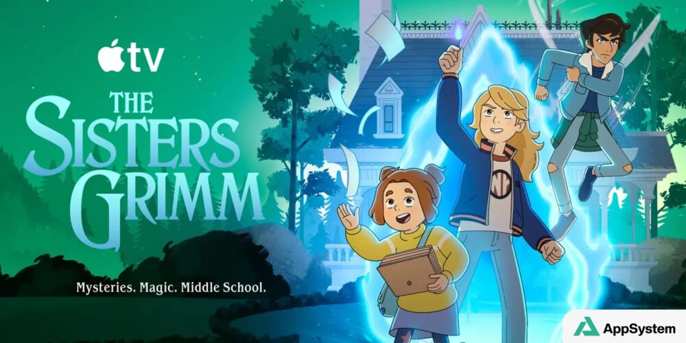 Illustration animée de The Sisters Grimm, trois personnages devant un portail magique.