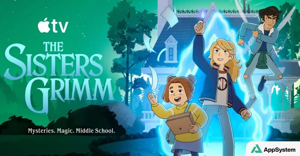 Illustration animée de The Sisters Grimm, trois personnages devant un portail magique.
