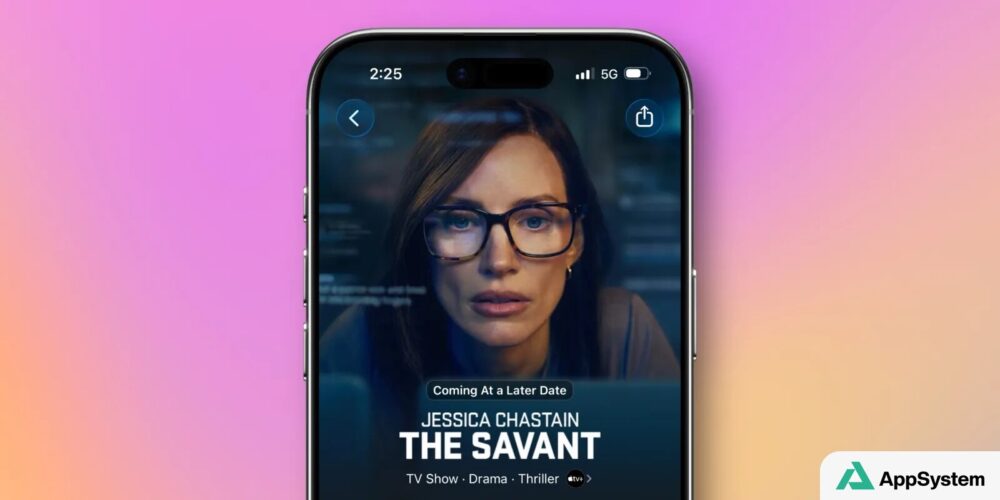 Affiche de The Savant avec Jessica Chastain affichée sur un iPhone