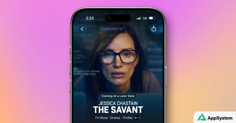 Affiche de The Savant avec Jessica Chastain affichée sur un iPhone