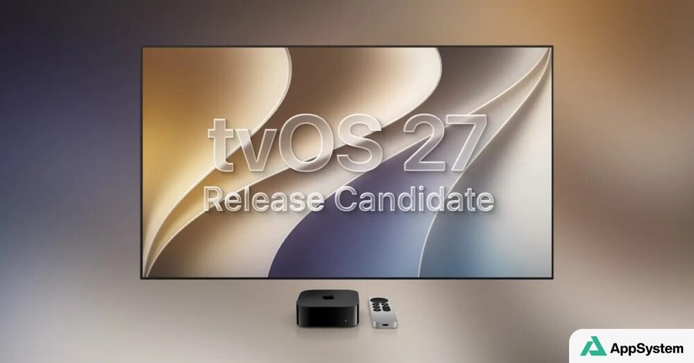 Apple TV affichant tvOS 27 Release Candidate, avec boîtier et télécommande