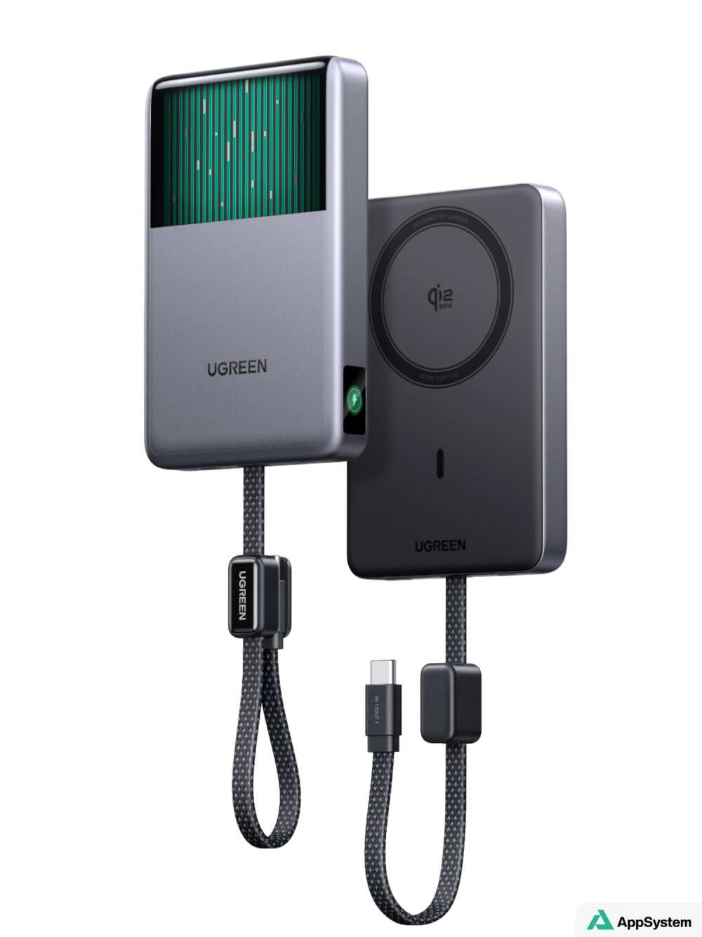 Deux batteries externes Ugreen MagFlow avec recharge Qi2 et câbles intégrés.