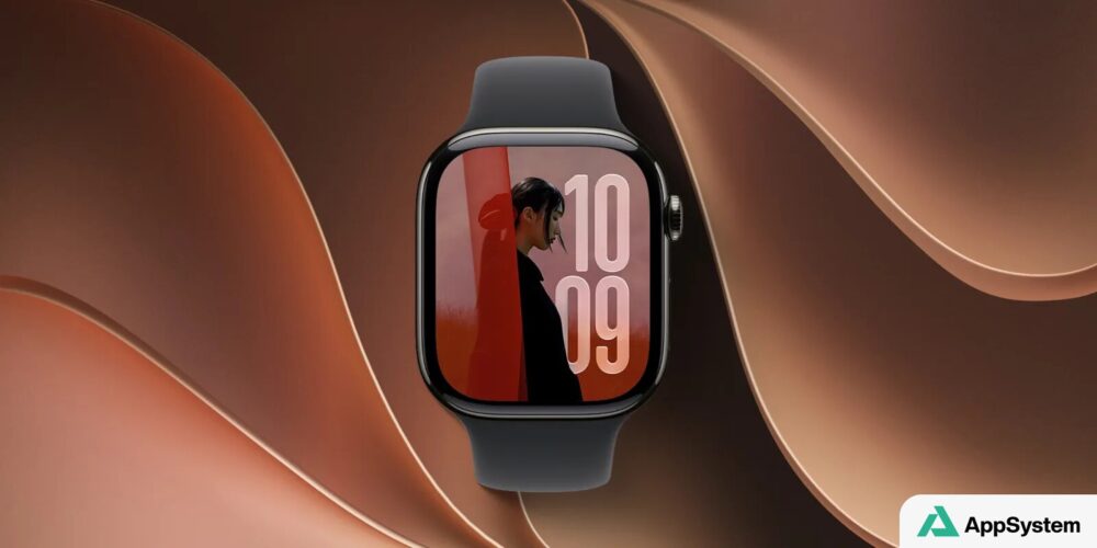 Apple Watch noire présentée sur un arrière-plan abstrait orangé