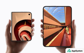 Smartphone pliable présenté déplié et replié dans deux mains