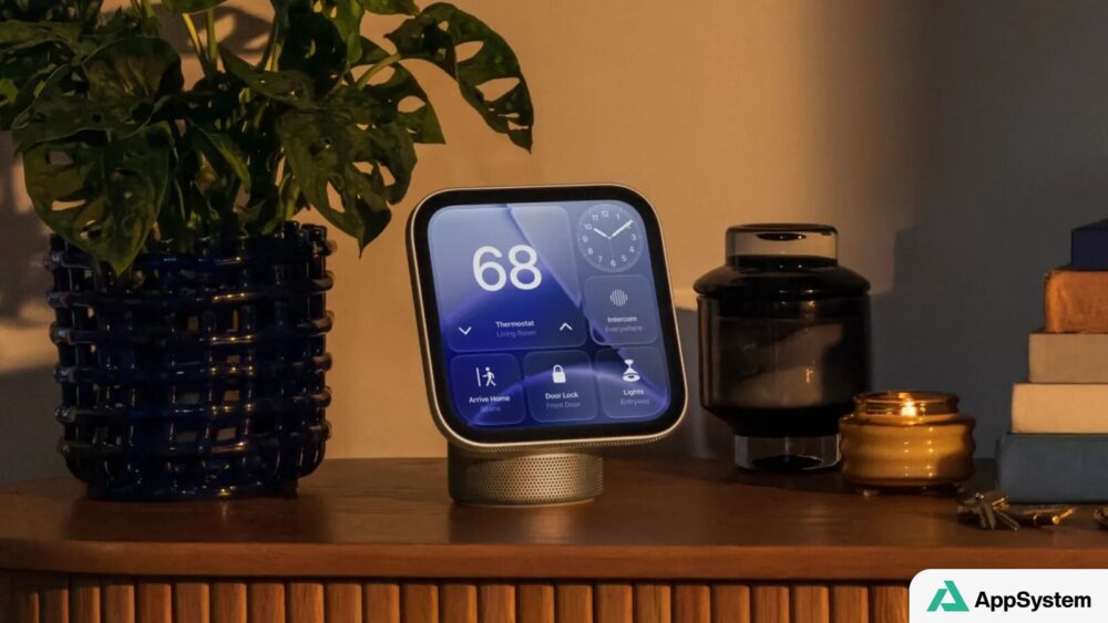 Appareil HomeView affichant des commandes domotiques dans un intérieur