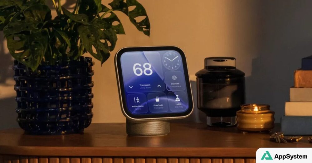 Appareil HomeView affichant des commandes domotiques dans un intérieur