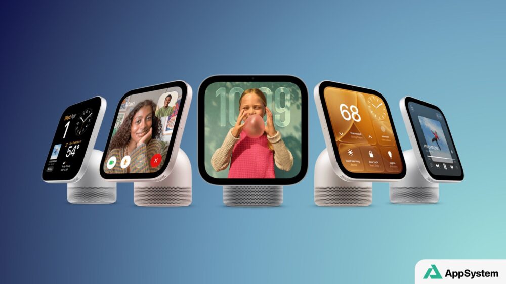 Cinq appareils HomeView affichant différents écrans et fonctionnalités