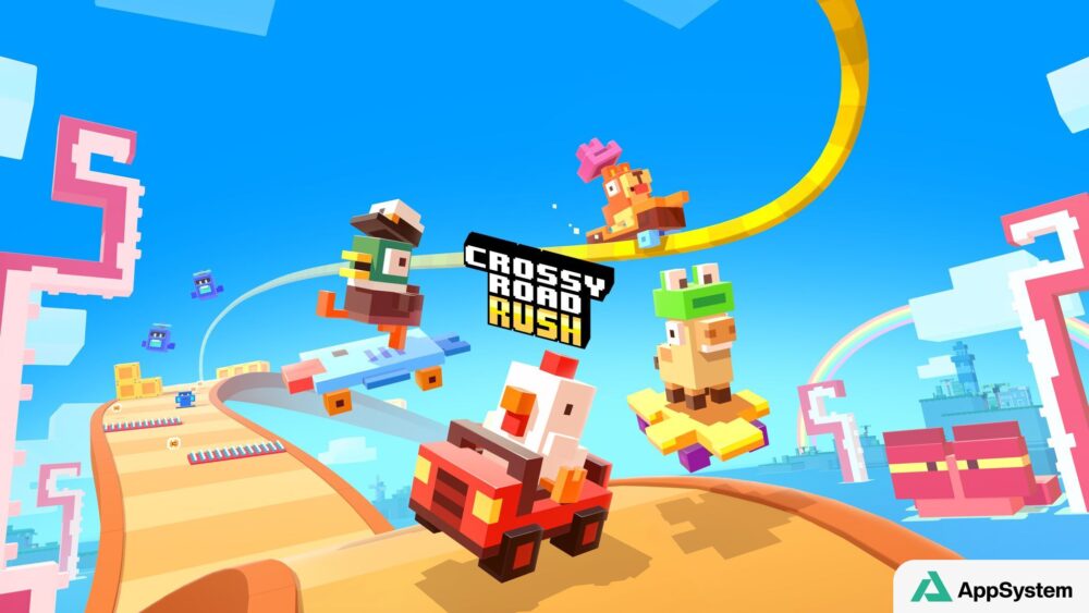 Personnages pixelisés de Crossy Road Rush sur un parcours coloré