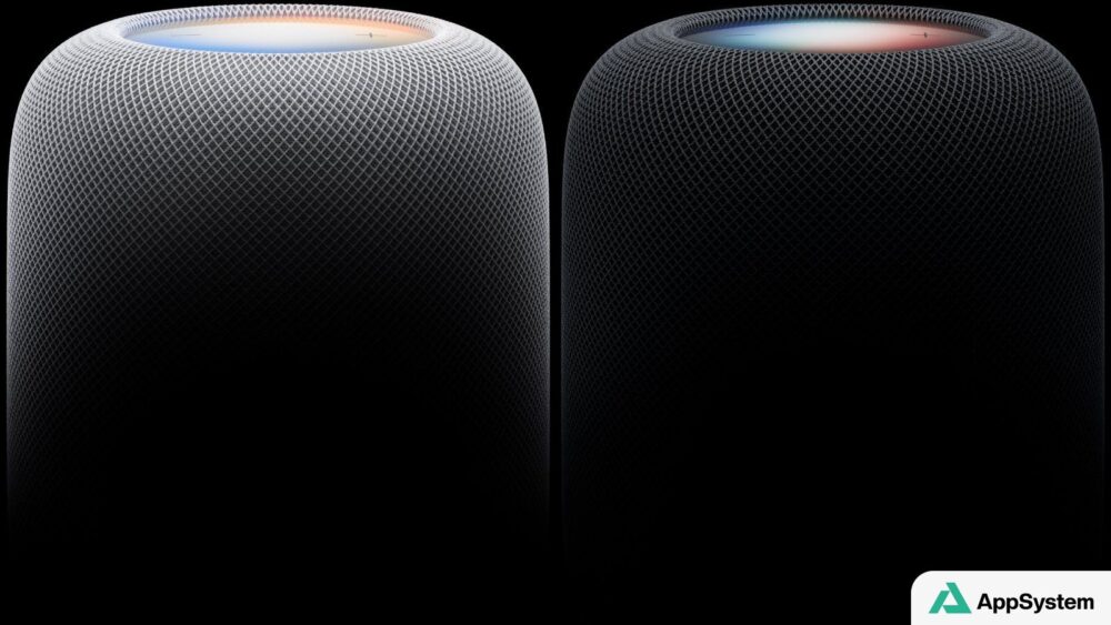 Deux enceintes Apple HomePod de deuxième génération, blanche et noire