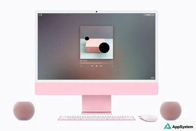 iMac rose accompagné de deux enceintes HomePod mini