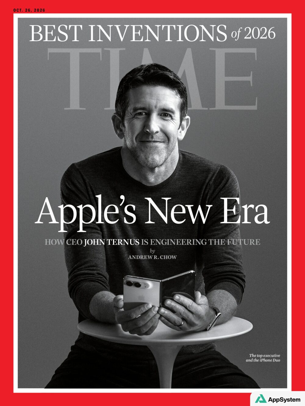Couverture de TIME montrant John Ternus tenant un iPhone pliable