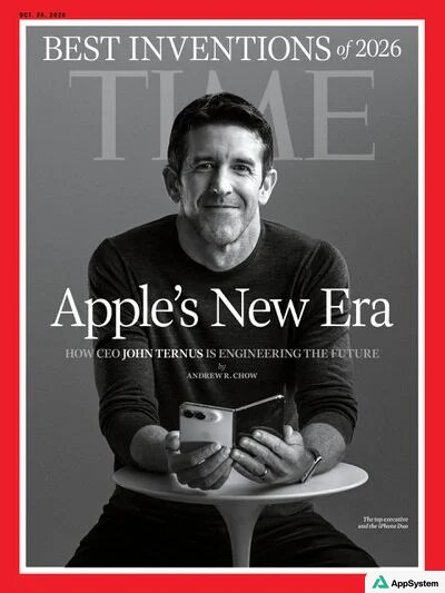 Une couverture de TIME présente John Ternus avec un iPhone pliable