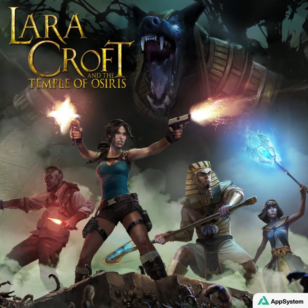 Illustration de Lara Croft combattant des créatures égyptiennes