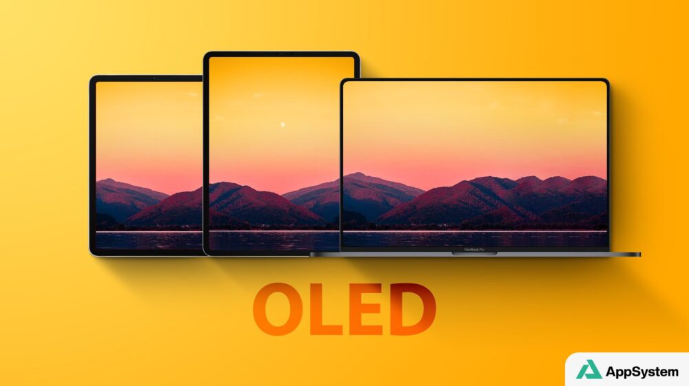 Trois appareils affichant des écrans OLED devant un paysage