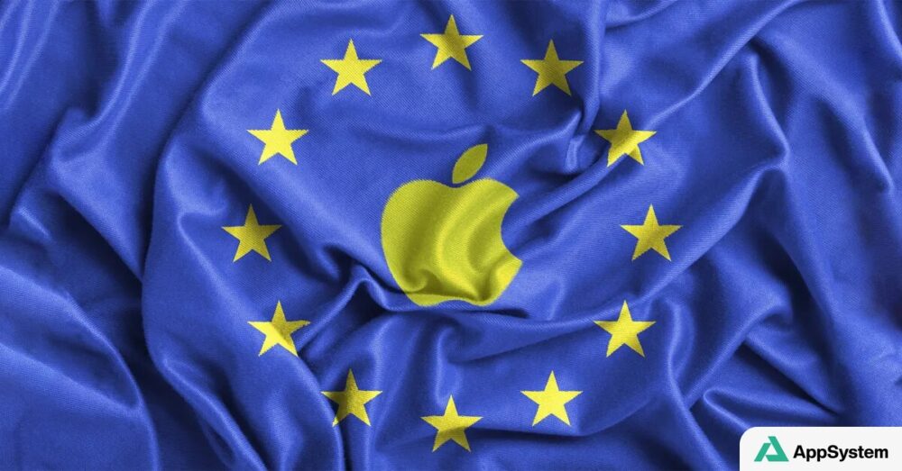 Logo Apple jaune sur un drapeau européen bleu froissé
