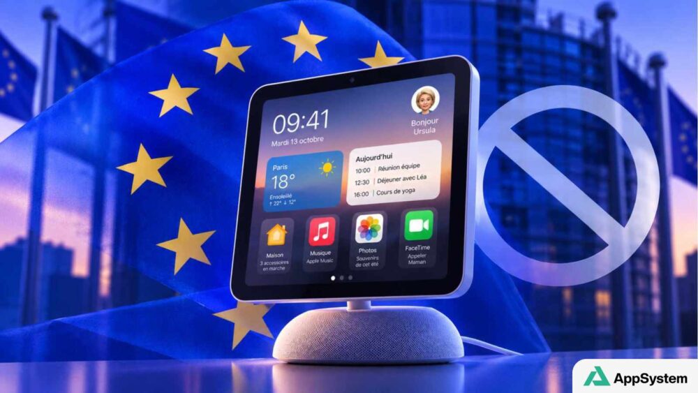 Concept d’écran Home Hub Apple devant un drapeau européen