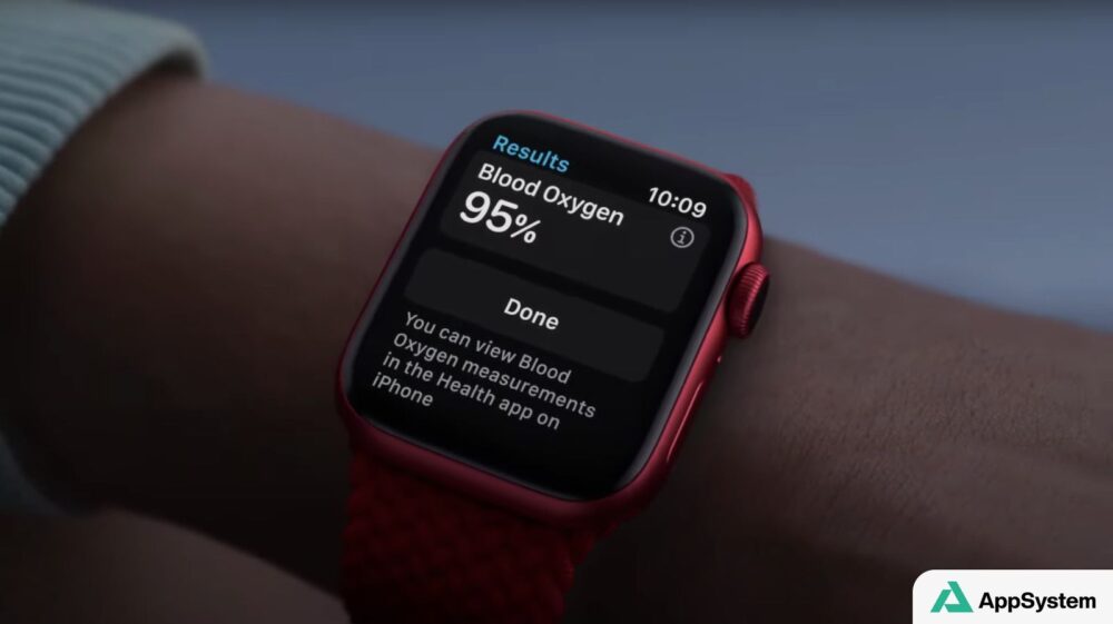 Apple Watch rouge affichant une mesure de saturation en oxygène