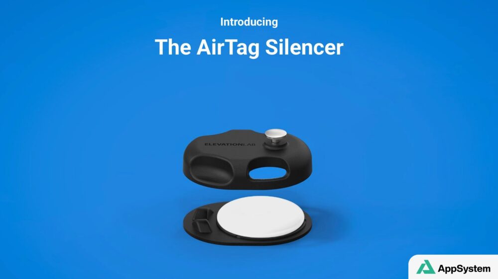 Boîtier Elevation Lab Silencer démonté autour d’un AirTag