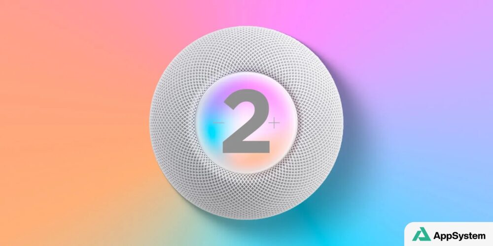 Rendu conceptuel d’un HomePod mini 2 blanc sur fond coloré