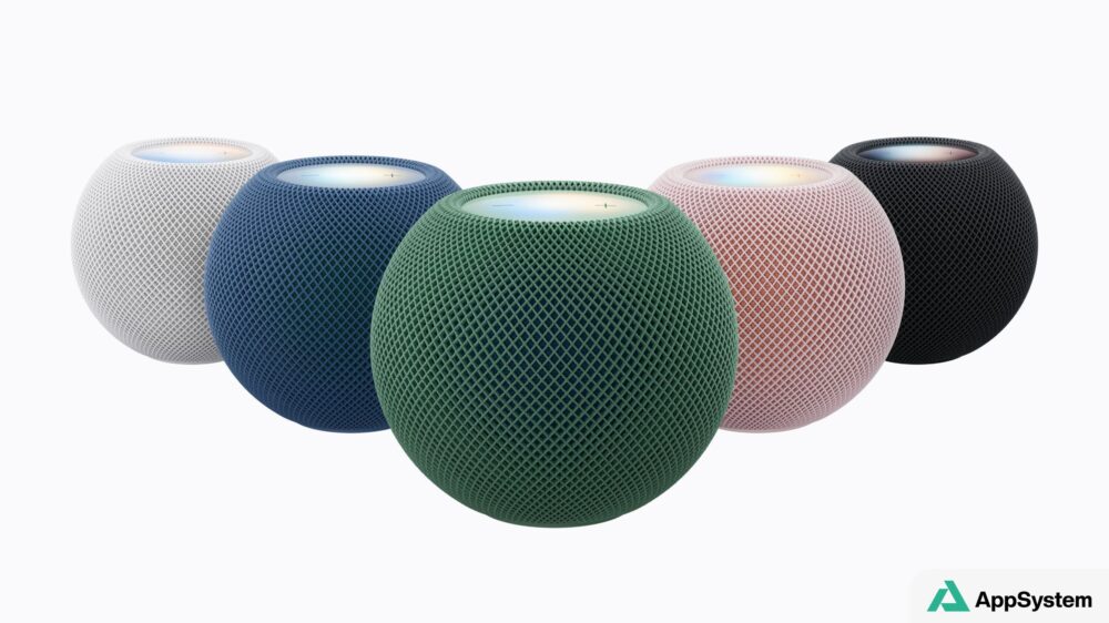 Cinq enceintes HomePod mini colorées aux surfaces tissées