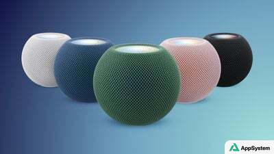 Cinq enceintes HomePod mini colorées alignées