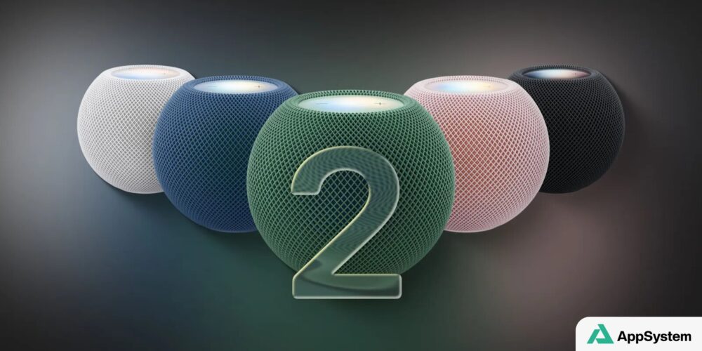 Cinq HomePod mini 2 colorés avec un chiffre deux au centre
