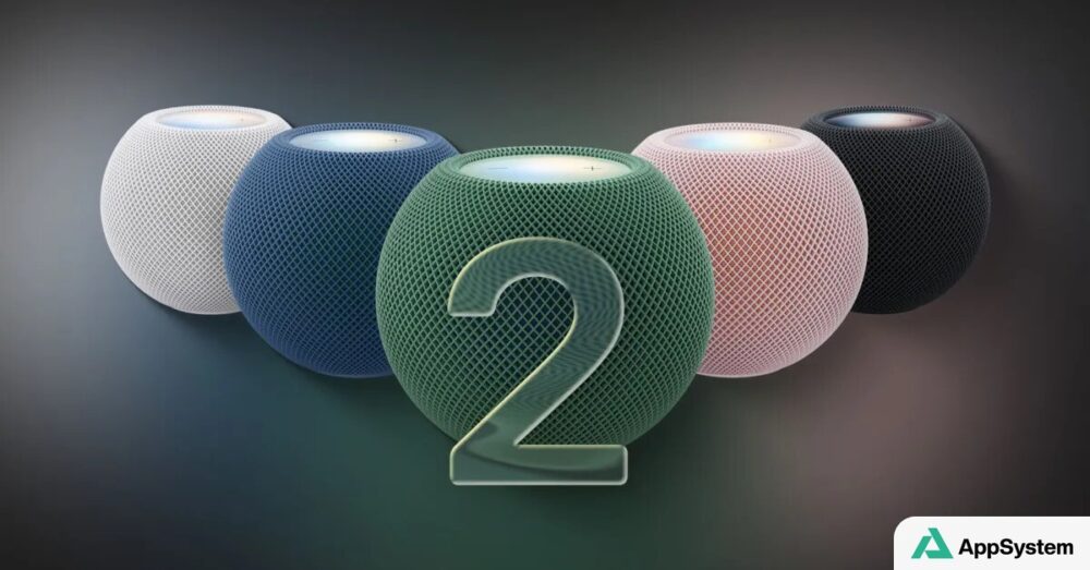 Cinq HomePod mini 2 colorés avec un chiffre deux au centre