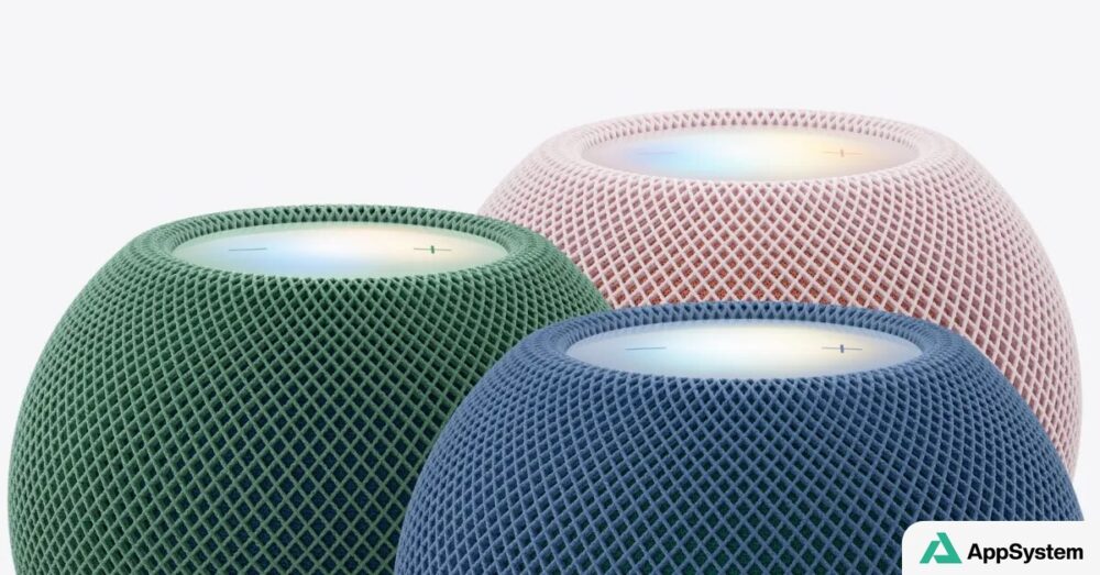 Trois HomePod mini 2 colorés présentés côte à côte