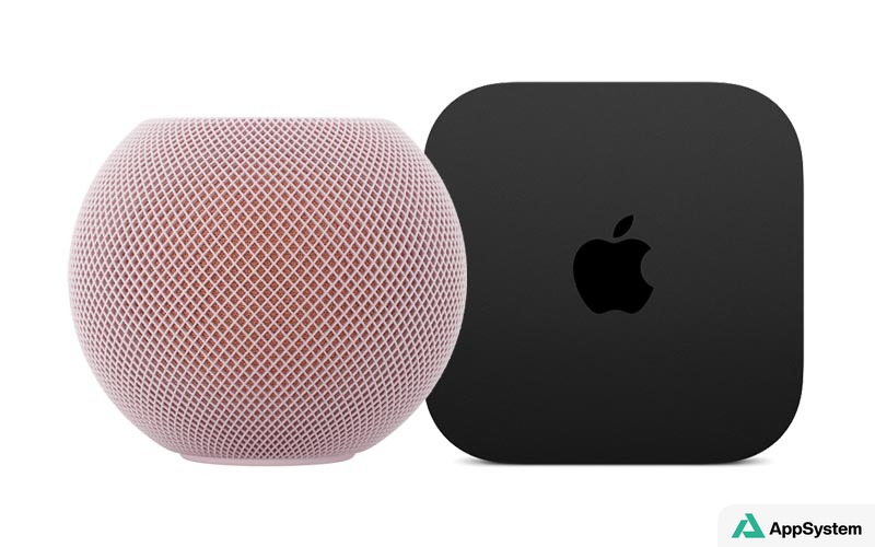 HomePod mini rose et Apple TV 4K noire côte à côte