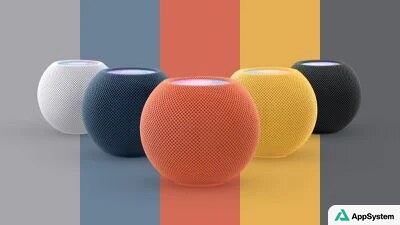 Cinq enceintes HomePod mini colorées alignées sur fond graphique