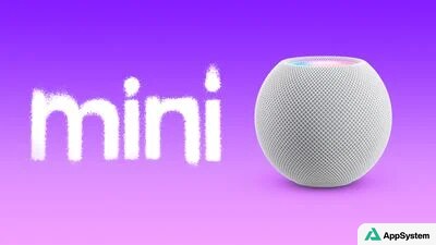 HomePod mini blanc présenté sur un dégradé violet et rose