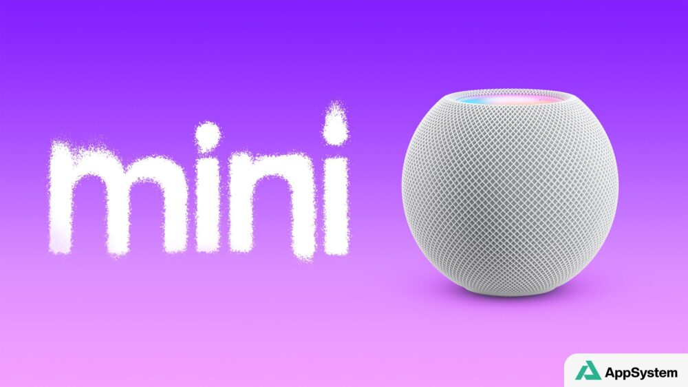 HomePod mini blanc présenté sur un fond violet avec le mot mini