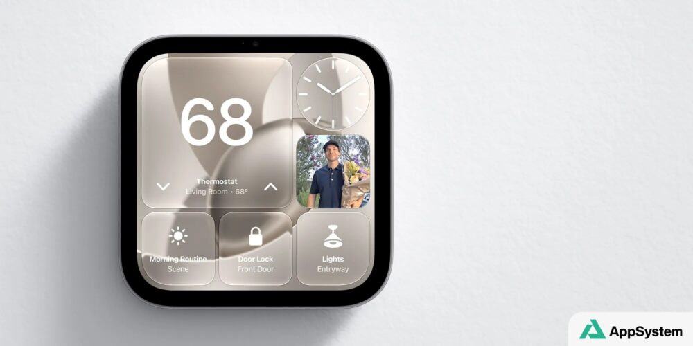 Rendu du boîtier HomeView affichant des widgets domotiques et des commandes
