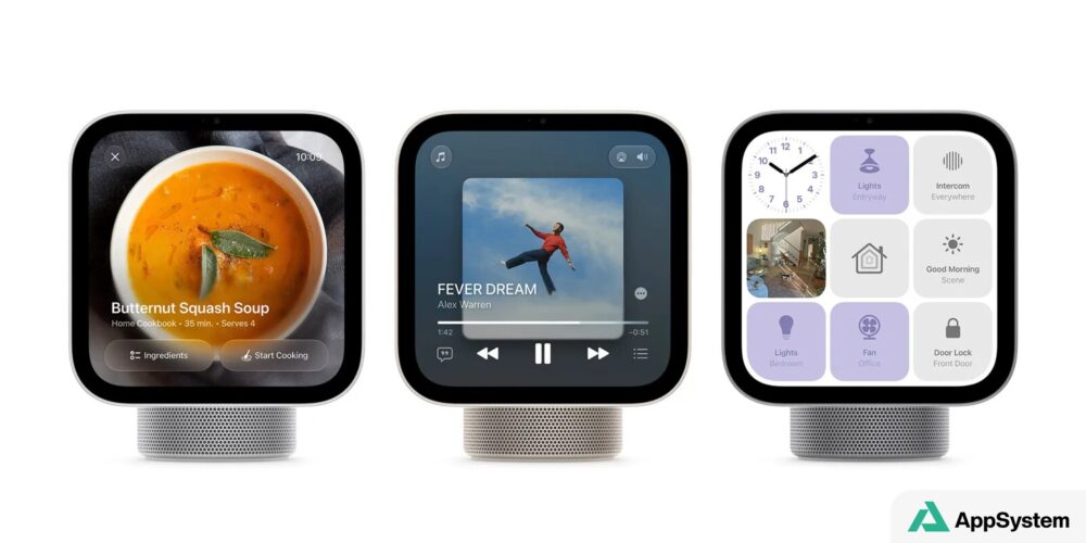 Trois écrans Apple HomeView affichant recettes, musique et commandes domotiques