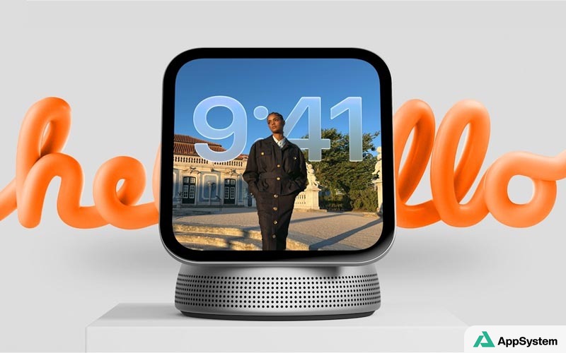 Rendu conceptuel du hub domotique Apple HomeView avec écran et haut-parleur